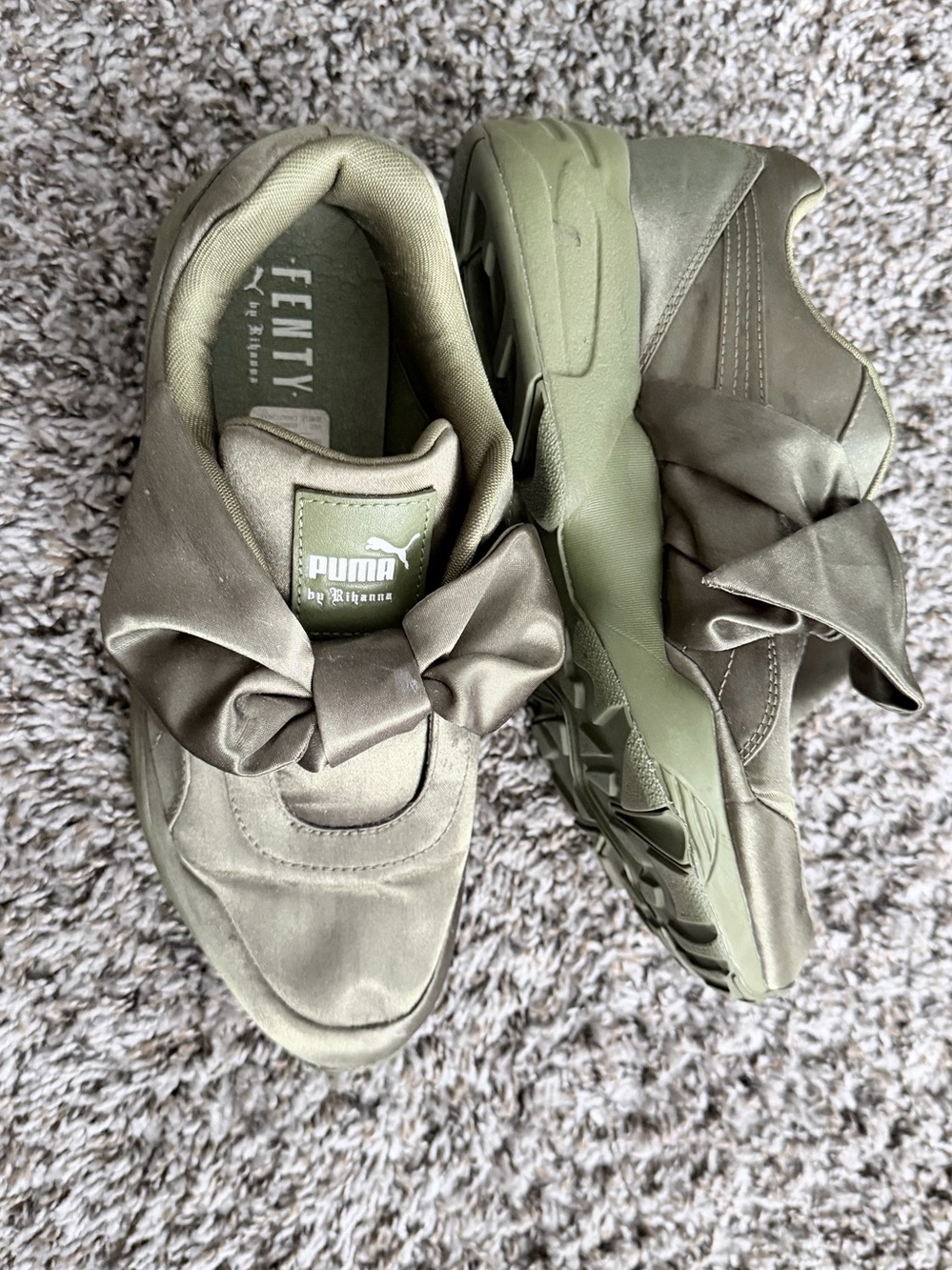 PUMA FENTY Olive Satin Platform Sneakers with Bow Detail - Picture 2 of 3